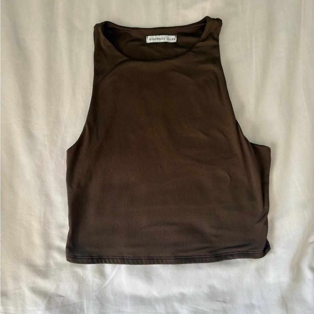 Sincerly Jules Chocolate Brown High Neck Crop Tank